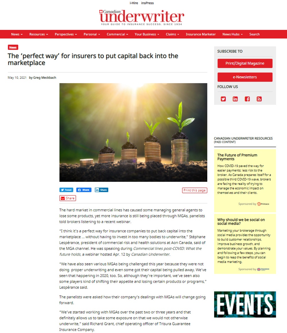 Screenshot of the article in Canadian Underwriter